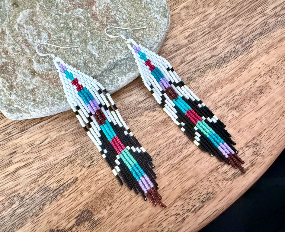 Colourful beadwork feather fringe earrings 
