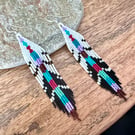 Colourful beadwork feather fringe earrings 