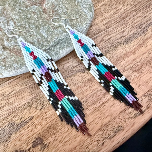 Colourful beadwork feather fringe earrings 