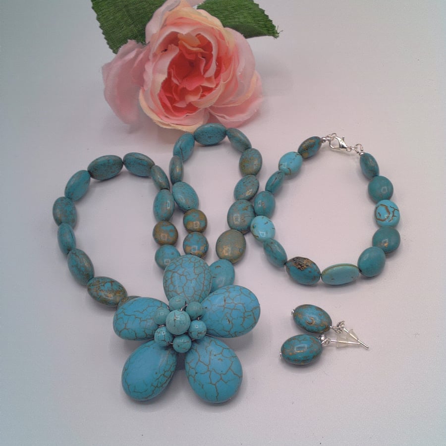 Turquoise Howlite Necklace, with a Beaded Flower, Bracelet and Earrings