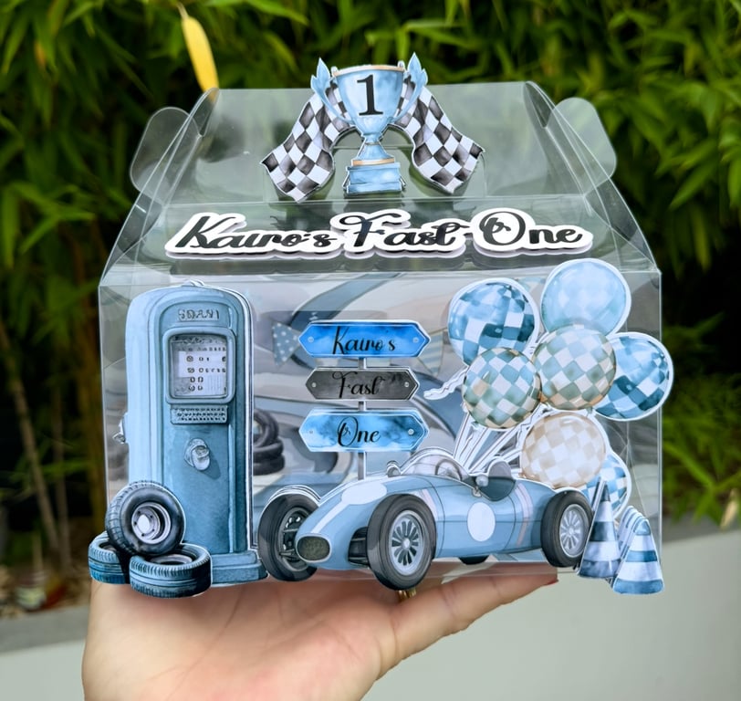 6 Personalised Vintage Blue Racing Car party boxes, party bags
