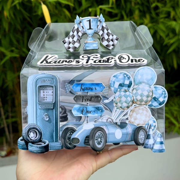 6 Personalised Vintage Blue Racing Car party boxes, party bags