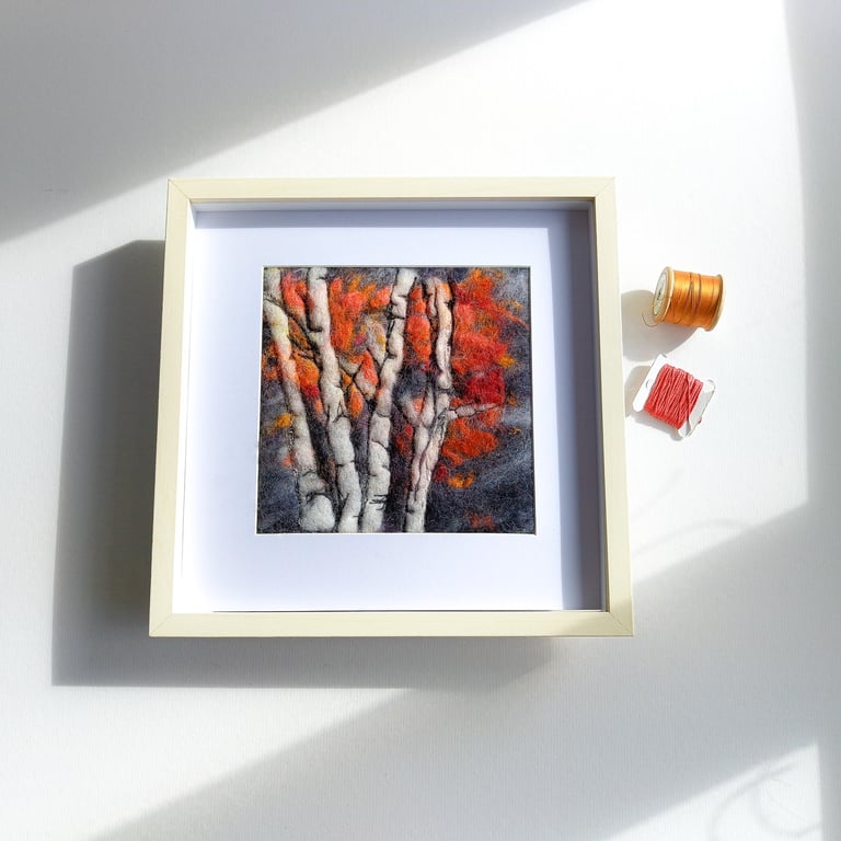  Original wool felt and stitch painting of Silver Birch trees 