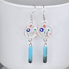 Czech glass earrings electroplate silver plated flower evil eye protective