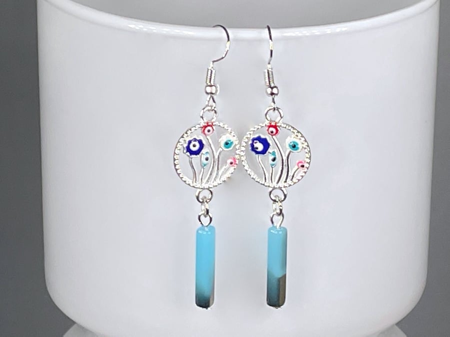Czech glass earrings electroplate silver plated flower evil eye protective