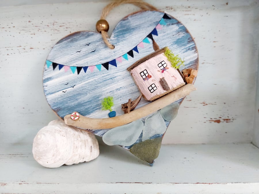 Hand Painted Heart, Sea Glass Decoration, Driftwood Houses, Tree, Boat