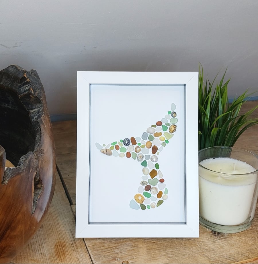 Cornish beach finds of seaglass and shells Whales tail wall art frame