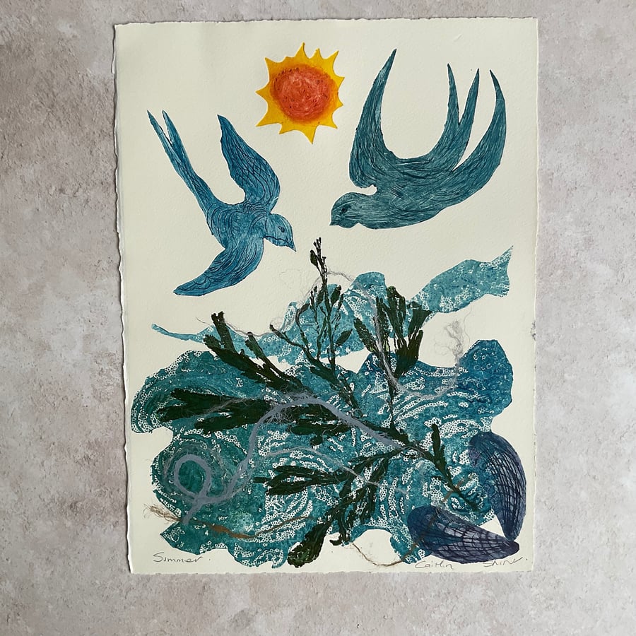 'Summer' OriginalMono Print, Swallow Print, Abstract Nature Inspired Art