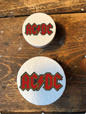 Handmade ACDC inspired logo pine decoupage knobs wardrobes cupboards