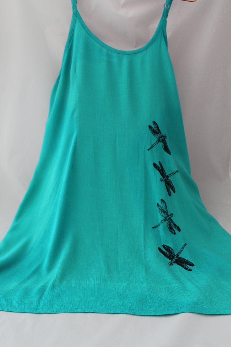 Vintage 90's Ladies green strappy dragonfly handprint dress,re worked sun dress