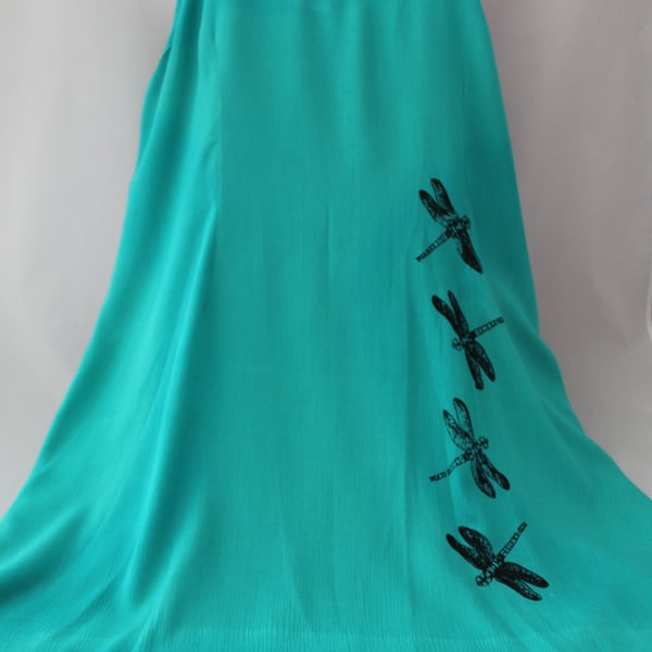 Vintage 90's Ladies green strappy dragonfly handprint dress,re worked sun dress