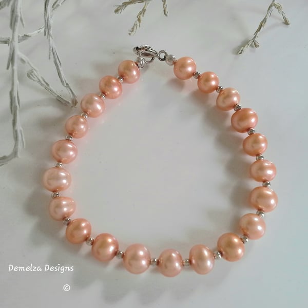   Peach Freshwater Culture Pearl Silver Bracelet ONE OFF