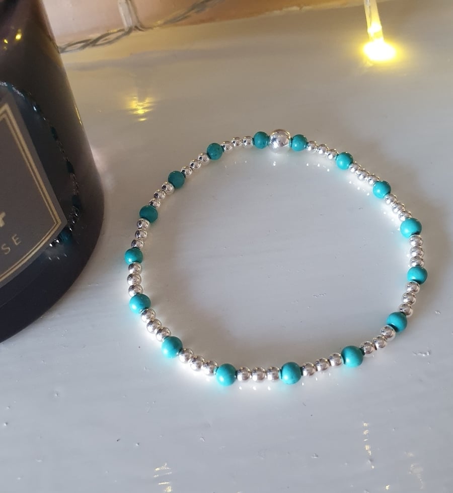 Silver and TURQUOISE bracelet, Sterling silver stretchy Anxiety BRACELET, 