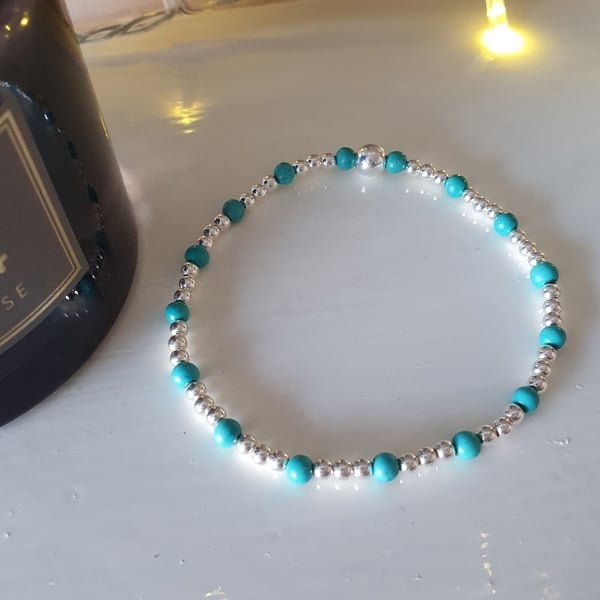 Silver and TURQUOISE bracelet, Sterling silver stretchy Anxiety BRACELET, 