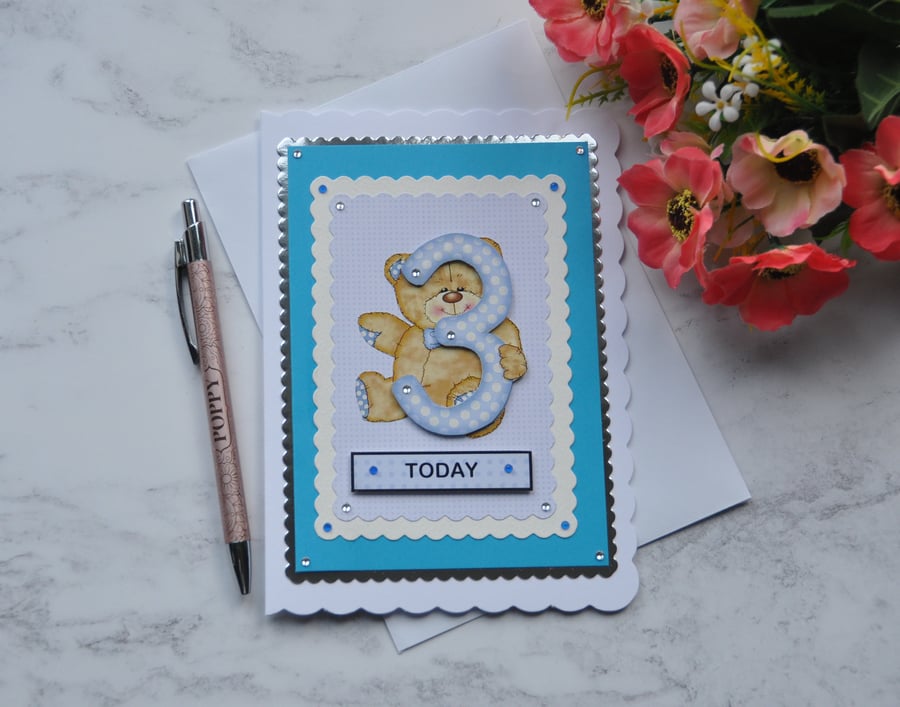 Birthday Card 3 Today Boy Teddy Bear Blue White Polka Dots 3D Luxury Handmade
