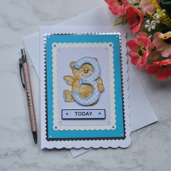 Birthday Card 3 Today Boy Teddy Bear Blue White Polka Dots 3D Luxury Handmade
