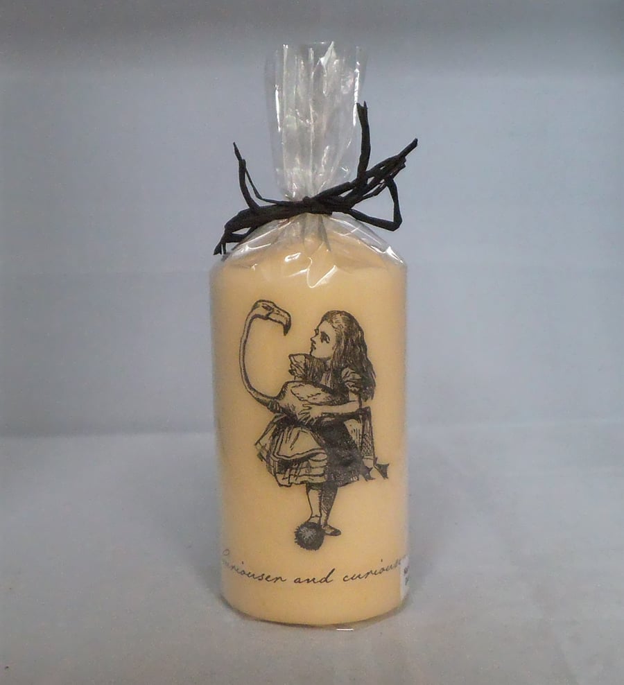 Decorated Candle Alice In Wonderland Flamingo Curiouser & Curiouser Decoupage