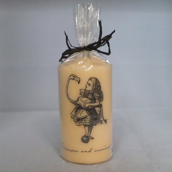 Decorated Candle Alice In Wonderland Flamingo Curiouser & Curiouser Decoupage