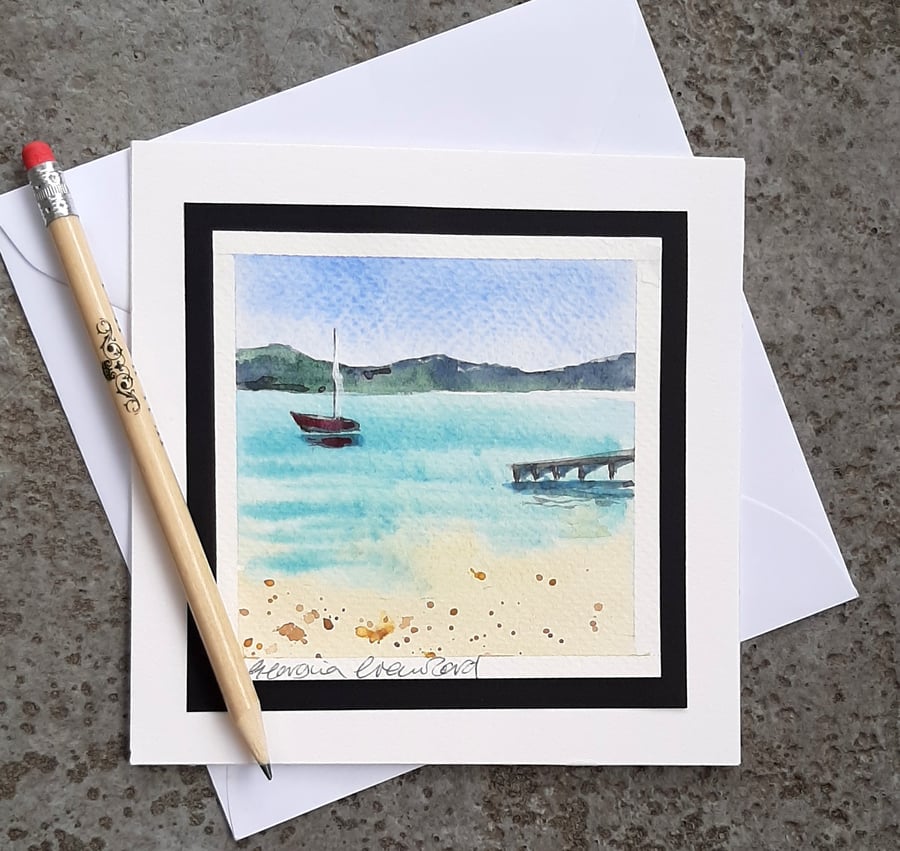 Handpainted Blank Card. Ocean and Sailing Boat. The Card That's Also A Keepsake