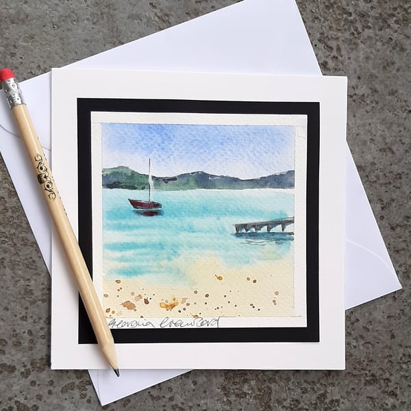 Handpainted Blank Card. Ocean and Sailing Boat. The Card That's Also A Keepsake