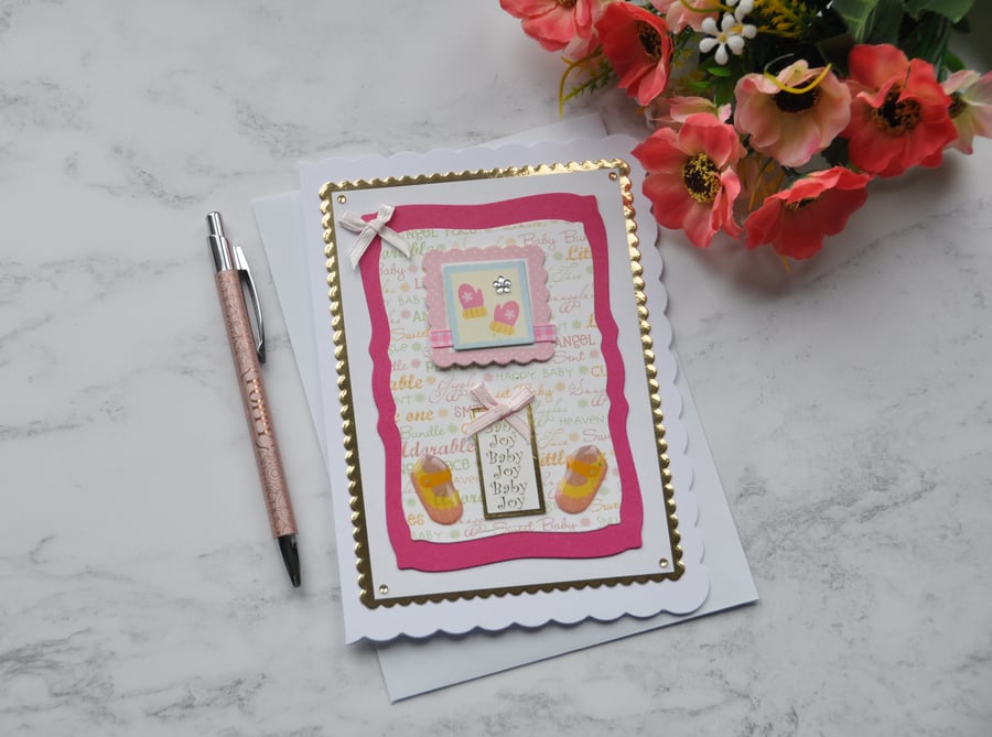 New Baby Girl Card Mittens and Booties Free Post 3D Handmade Card