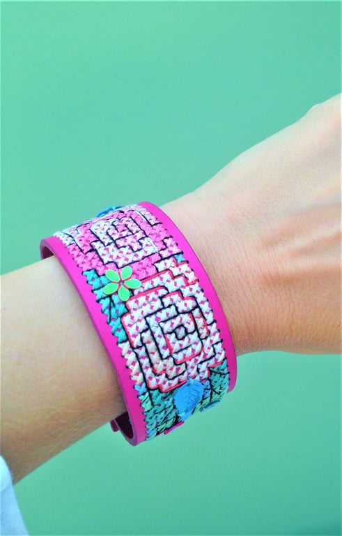 Floral cross stitch pink bracelet wrist cuff with sequin detailing