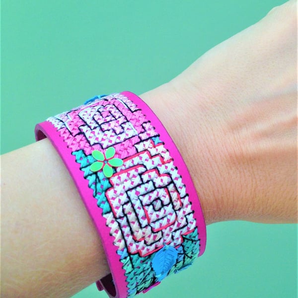 Floral cross stitch pink bracelet wrist cuff with sequin detailing