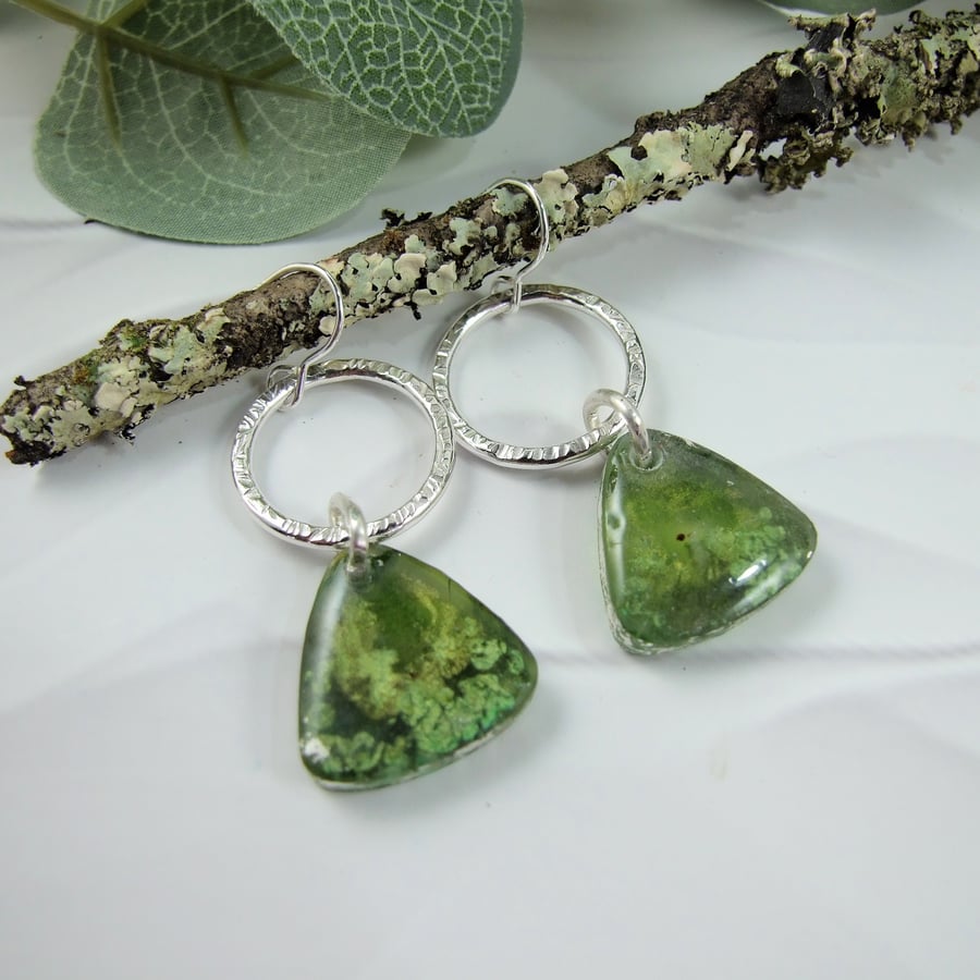 Earrings, Sterling Silver and Resin Art. Mossy Green