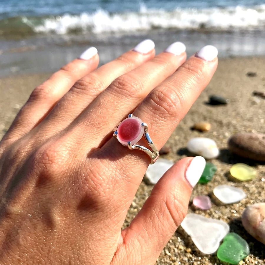 Image of Handcrafted Sterling Silver Seaham Multi Sea Glass Ring – Rare Pinks & White. 
