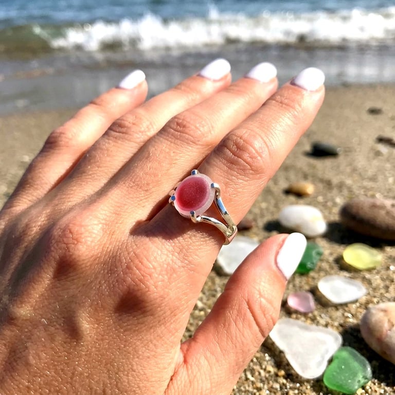 Handcrafted Sterling Silver Seaham Multi Sea Glass Ring – Rare Pinks & White. 
