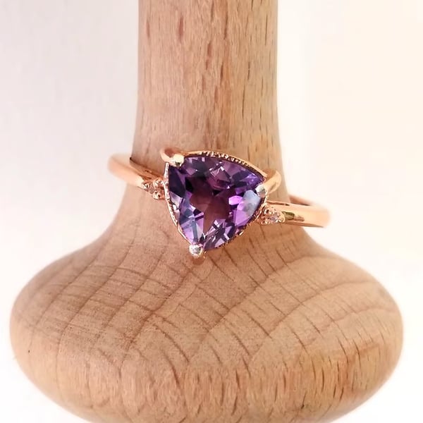 Natural Moroccan Amethyst Rosegold Trillion Ring Size P-Q  or size 56.5