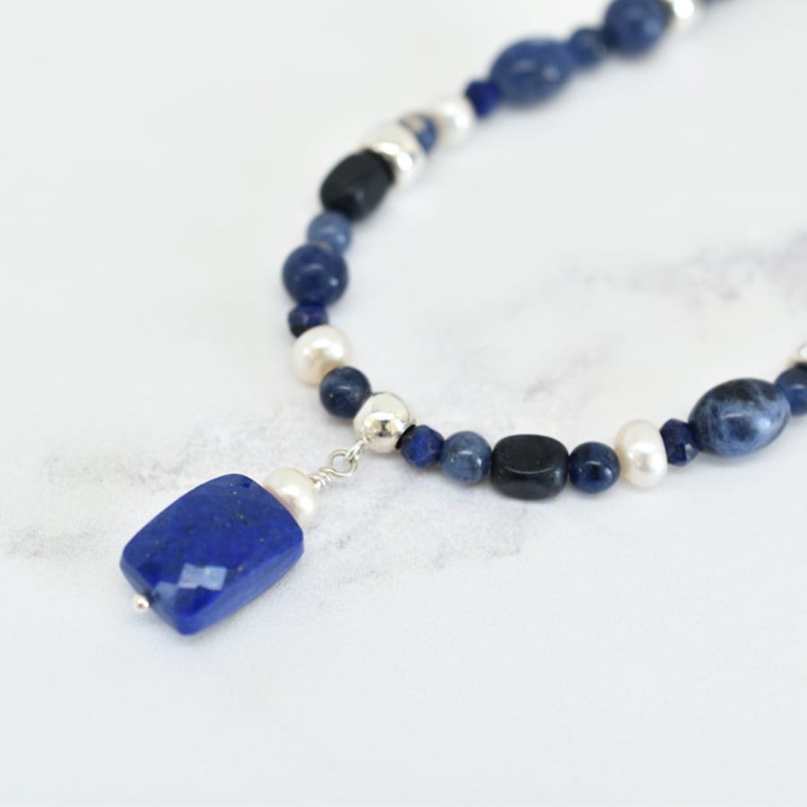 Lapis Lazuli, Dumortierite, Sodalite and Pearl Necklace with Lapis Pendant
