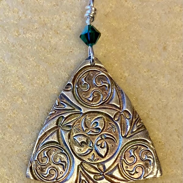 Triangular, silver necklace with Celtic style pattern & green Swarovski bead 