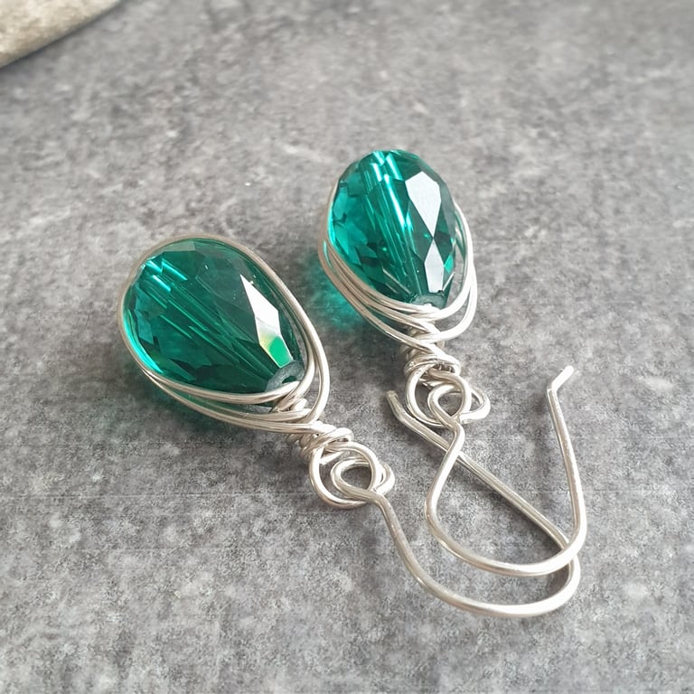 Teal crystal earrings, Raindrop inspired, Deep aqua teardrops