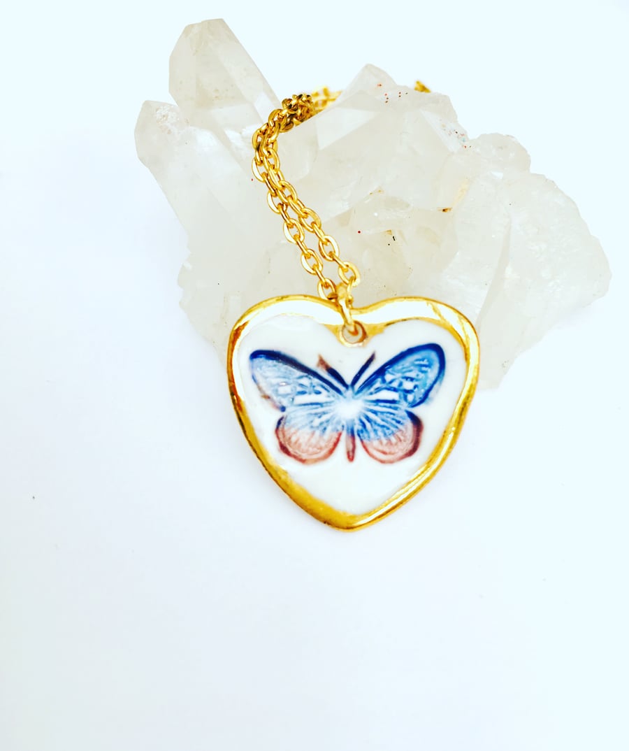 BUTTERFLY HEART PENDANT in Highest quality Ming porcelain 