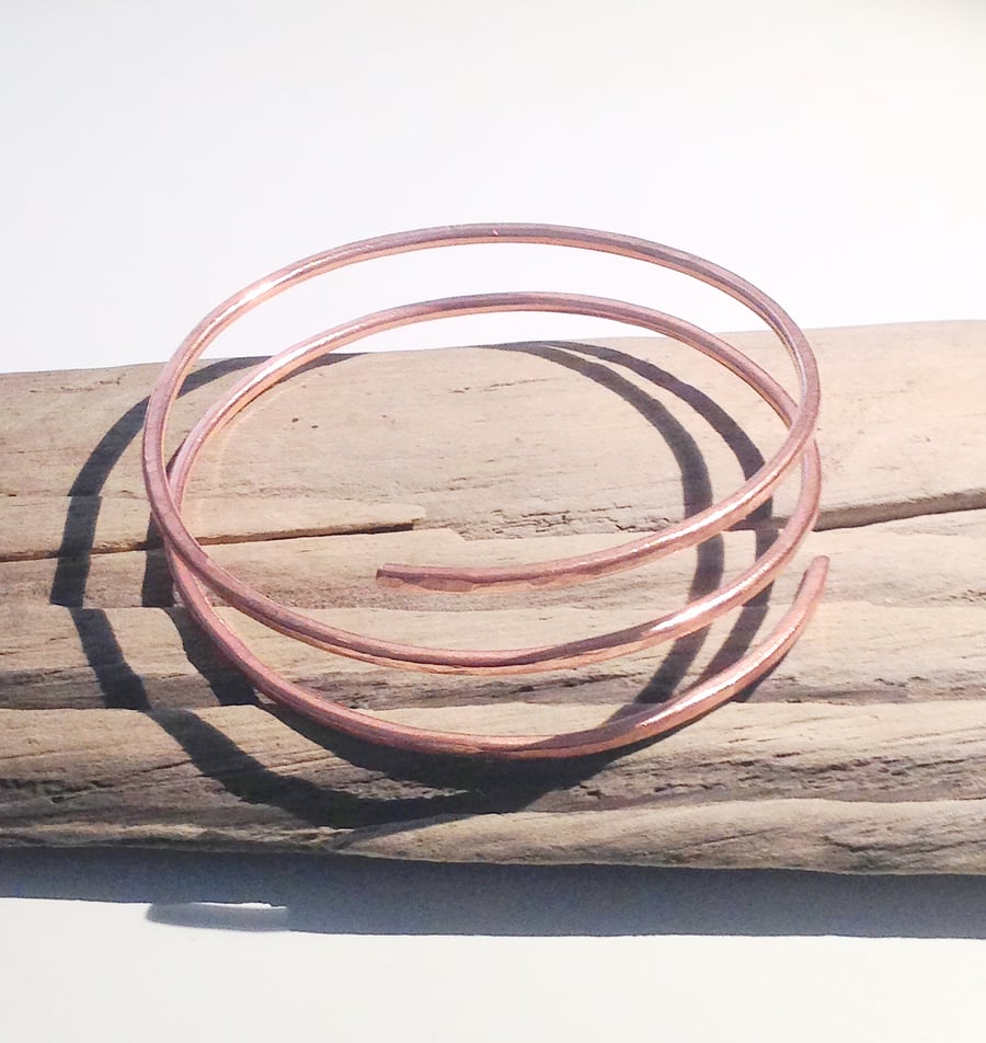 Hand Crafted Hammered Copper Spiral Wrap Bangle - UK Free Post