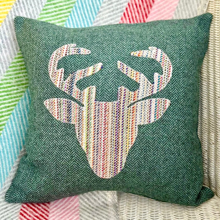 Tweed Appliqué Stag Scatter Cushion with Pad, Green 36x36cm