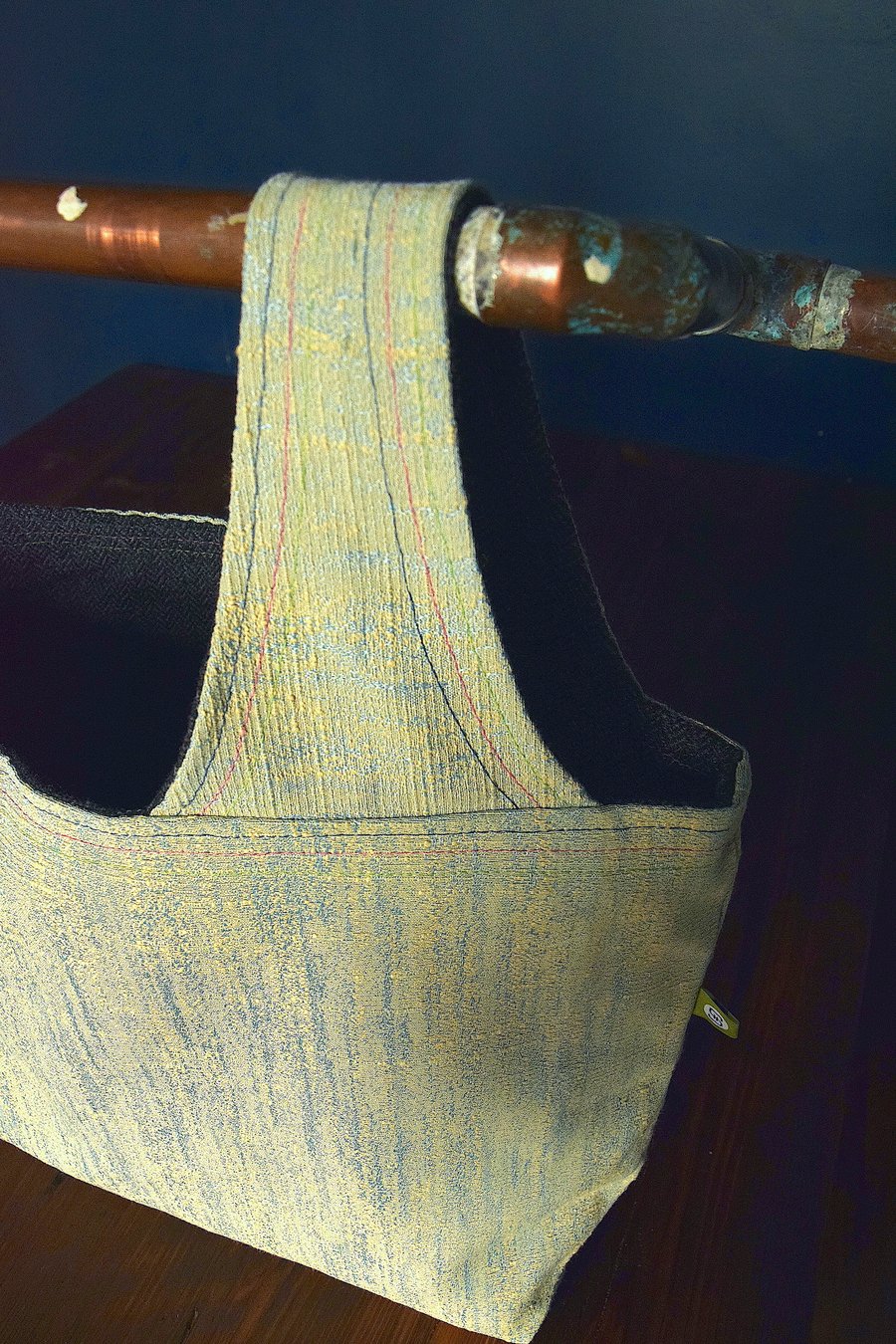 shopping bag – textured yellow-blue exterior with wool herringbone interior