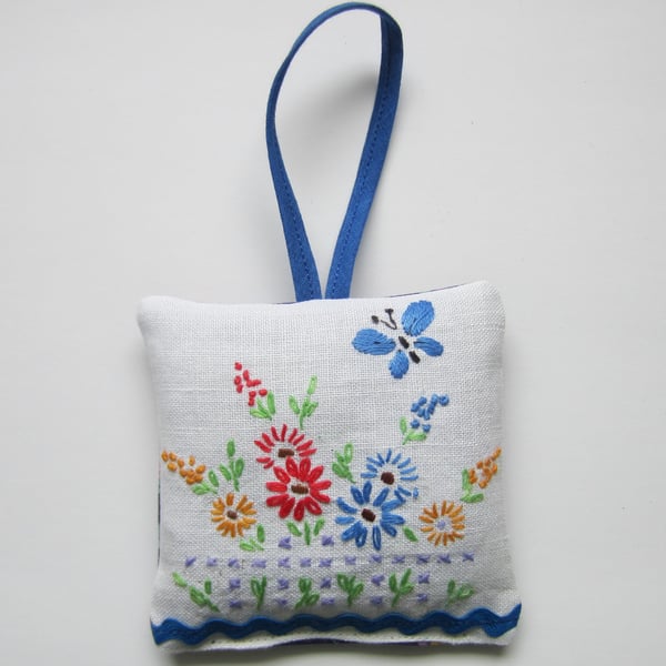 Vintage Embroidered Flower and Butterfly Lavender Bag with Hanging Loop