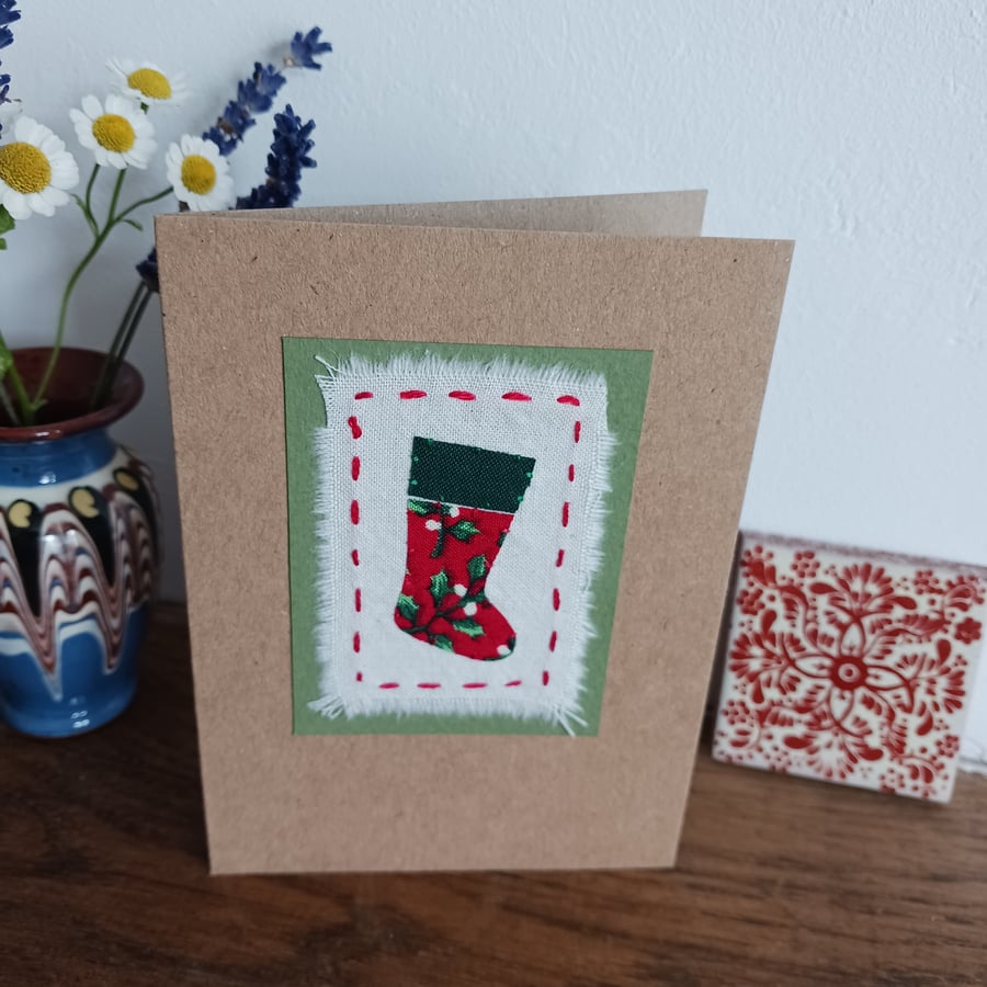 Christmas Stocking hand stitched card - CLEARANCE