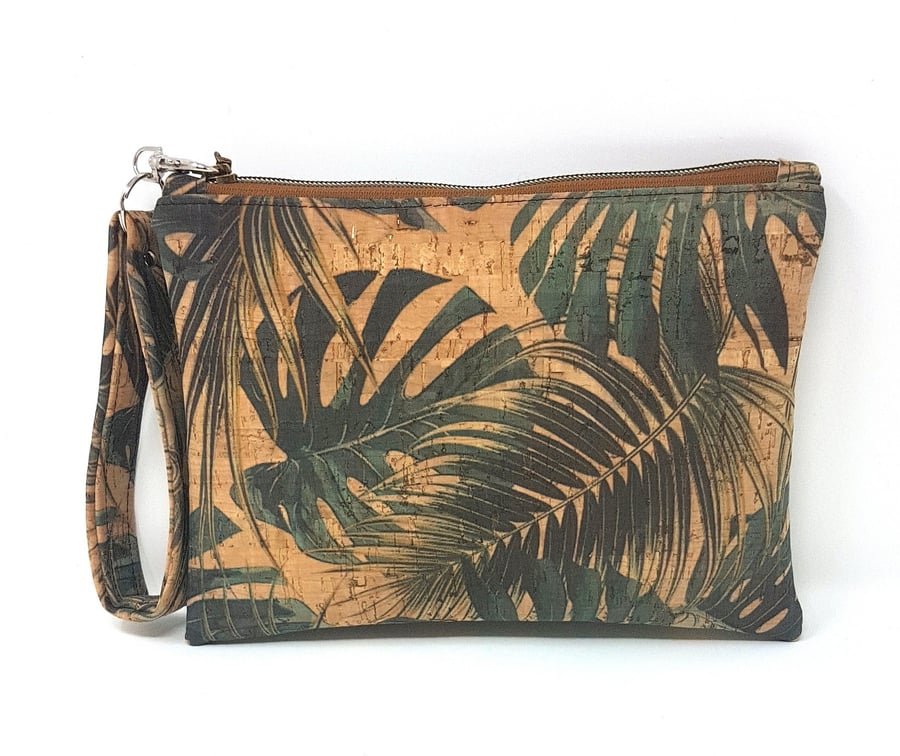 Cork Leather Green Jungle Leaves Clutch Bag