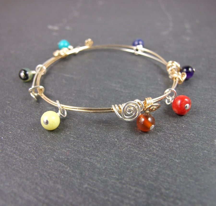 Sterling Silver and 14ct Gold Fill Wire Wrap Bangle with a Rainbow of Gemstones