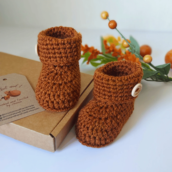 Crochet Baby Booties In Gingerbread Brown Sizes Newborn, 0-3 and 3-6 Months 