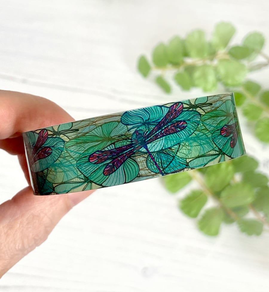 Dragonfly cuff bracelet, personalised teal green insect jewellery. B101