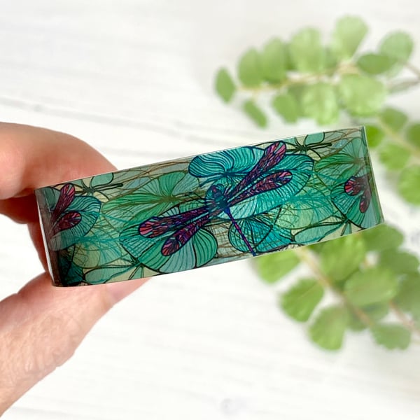 Dragonfly cuff bracelet, personalised teal green insect jewellery. B101