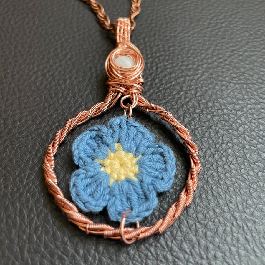 Crochet Forget Me Not Flower Wire Wrapped  Copper Pendant with Mother of Pearl 