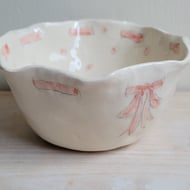 Ceramic bowl wth pink dots spots and ribbon handmade fluted scalloped dish. 