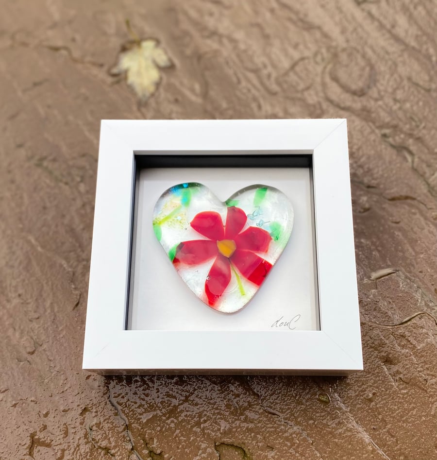 Fused and cast glass heart in acyriic  frame 