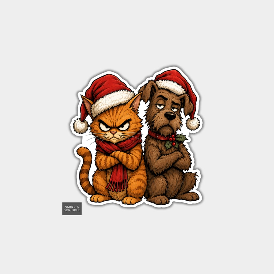 Image of Unique Funny Christmas Sticker Xmas Decal For Adults - Grumpy Cat & Dog