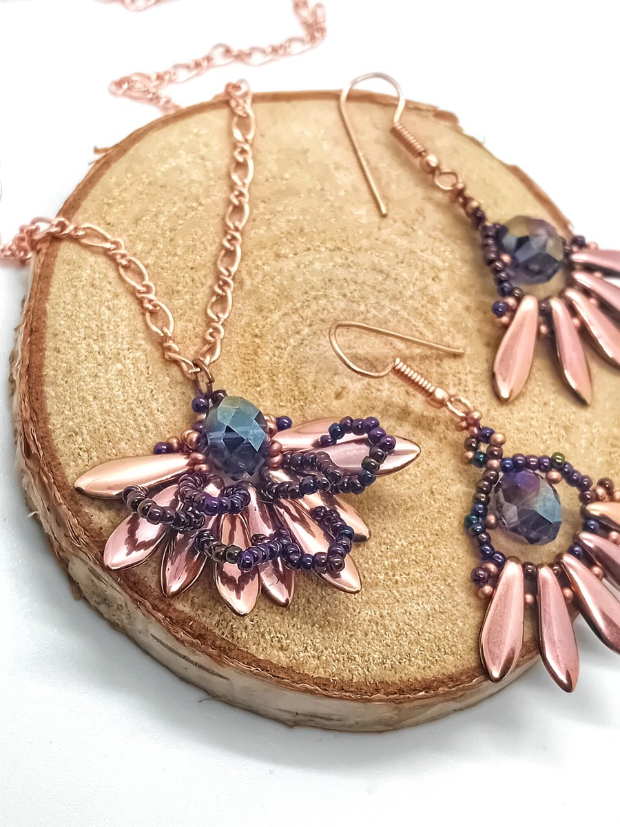 Metallic purple and rose gold dagger bead dangle earrings and necklace set